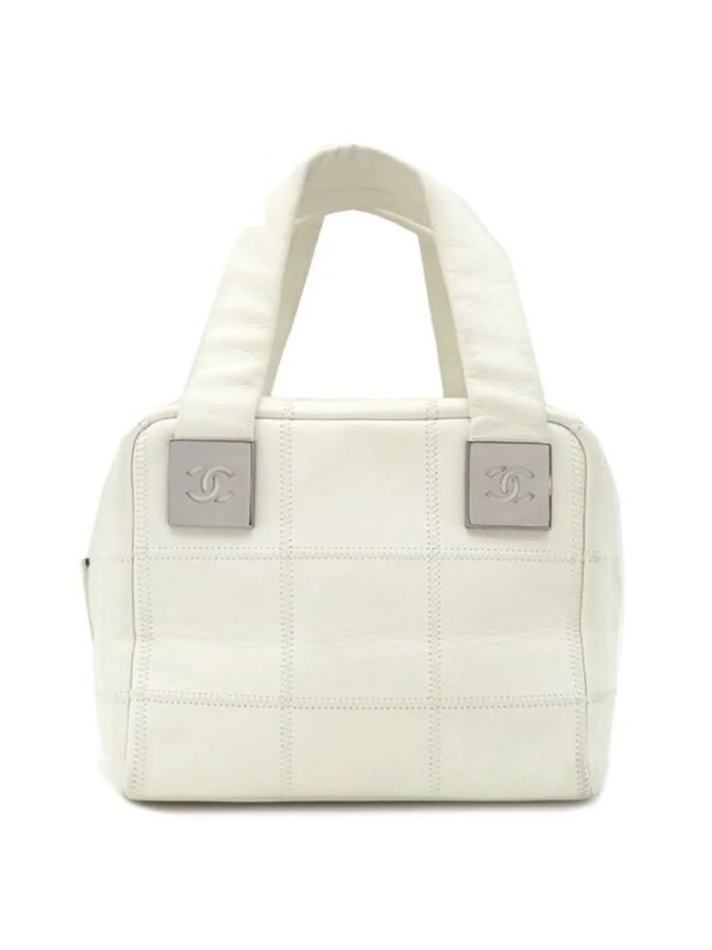 Chanel Handle Choco Bar Mini Boston Caviar Leather White Gunmetal Plaid Handbag